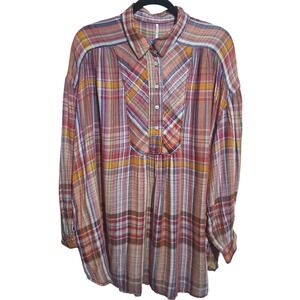 Free People Oversized Womens size Large Bohemian Drapey Comfy Colorful Plaid Top